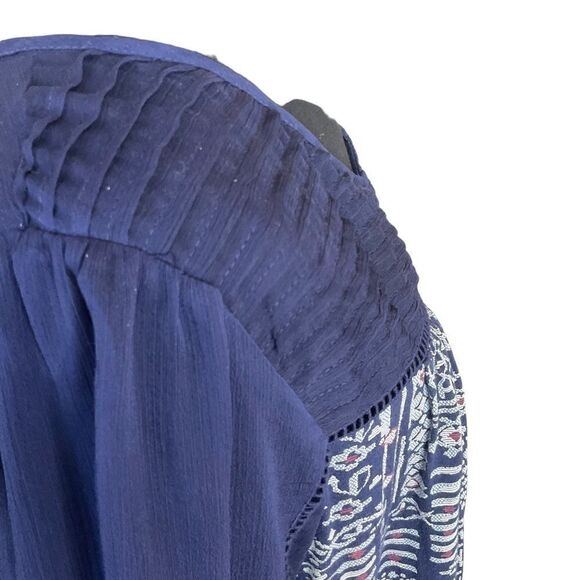 LUCKY Brand Flowy Pullover Shirt Sheer Navy Blue Sleeves And Bodice Size L - Picture 8 of 16